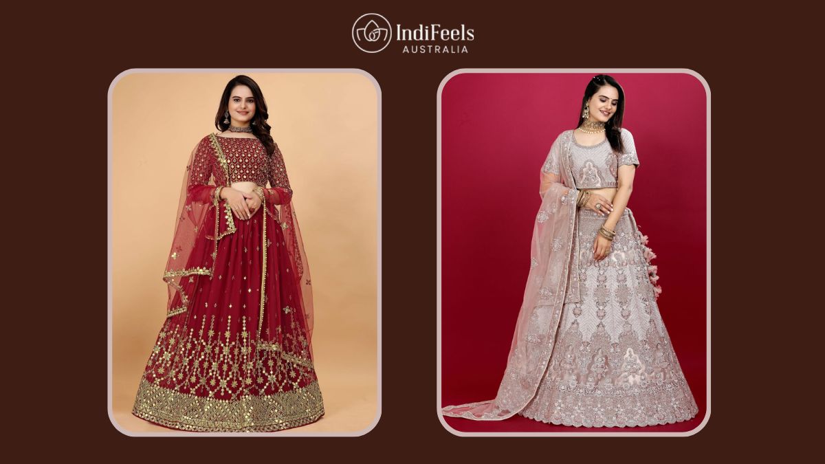 Elegant red and pastel wedding lehenga designs with intricate embellishments for a stunning bridal look.