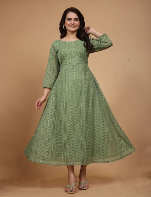 Olive Green Chikankari Anarkali Kurti