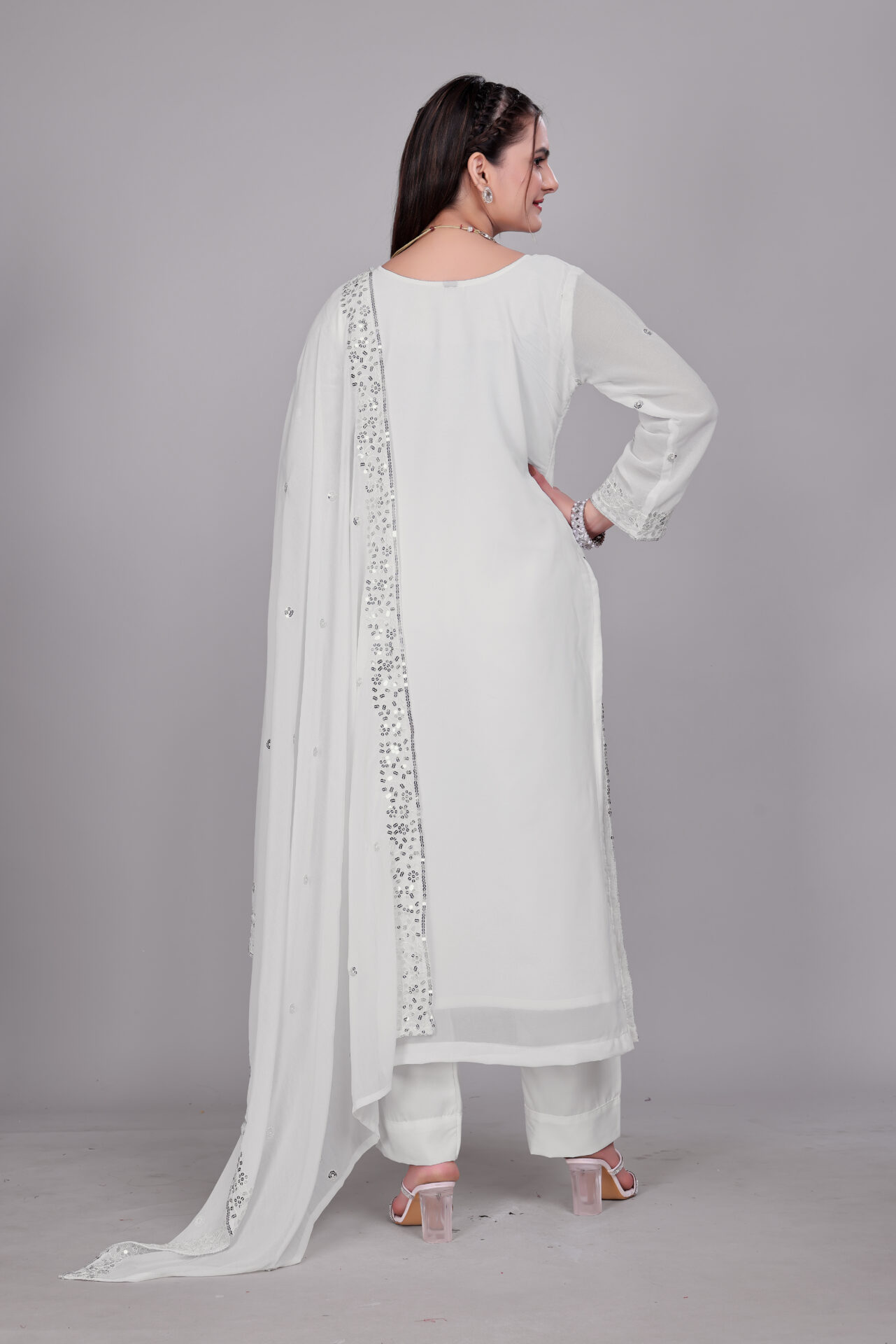 White Embroidered Georgette Suit - Image 4