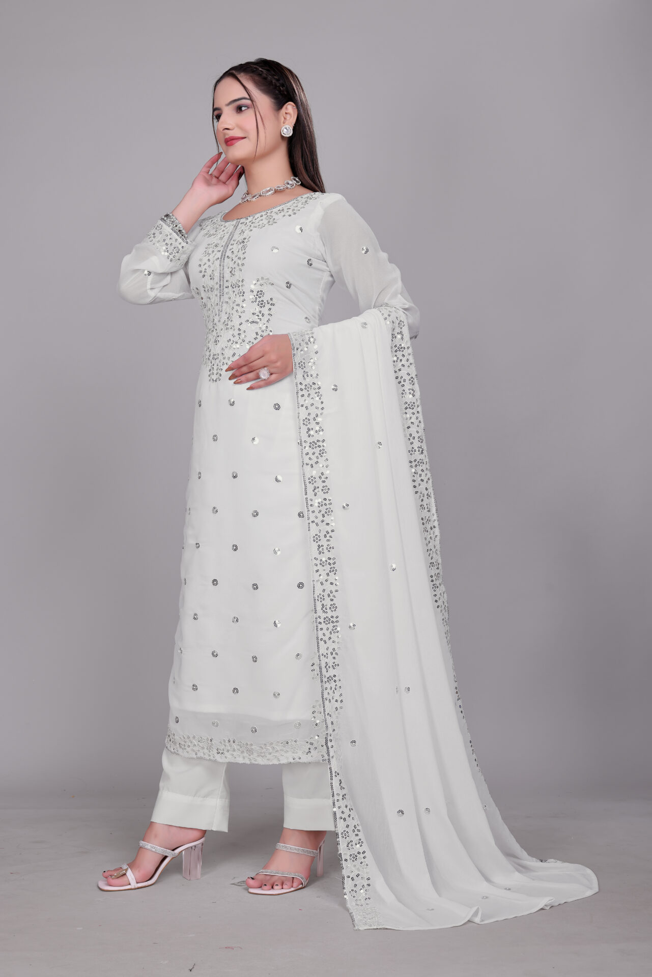 White Embroidered Georgette Suit - Image 3