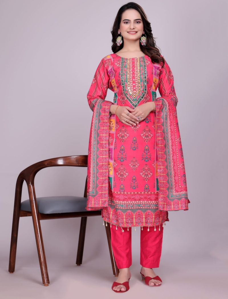 Pink Printed Cotton Straight Suit