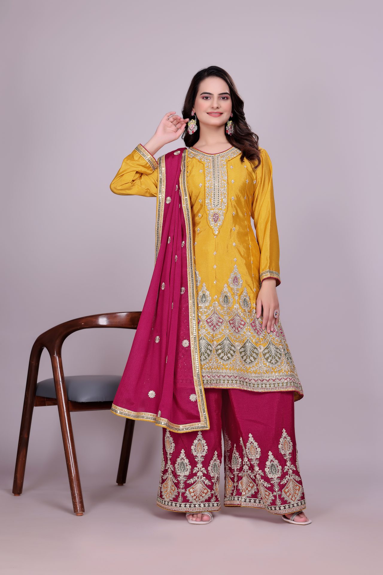Yellow Embroidered Plazo Suit - Image 4