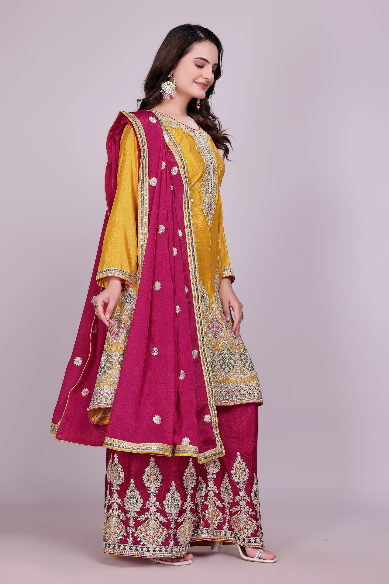 Yellow Embroidered Plazo Suit - Image 3