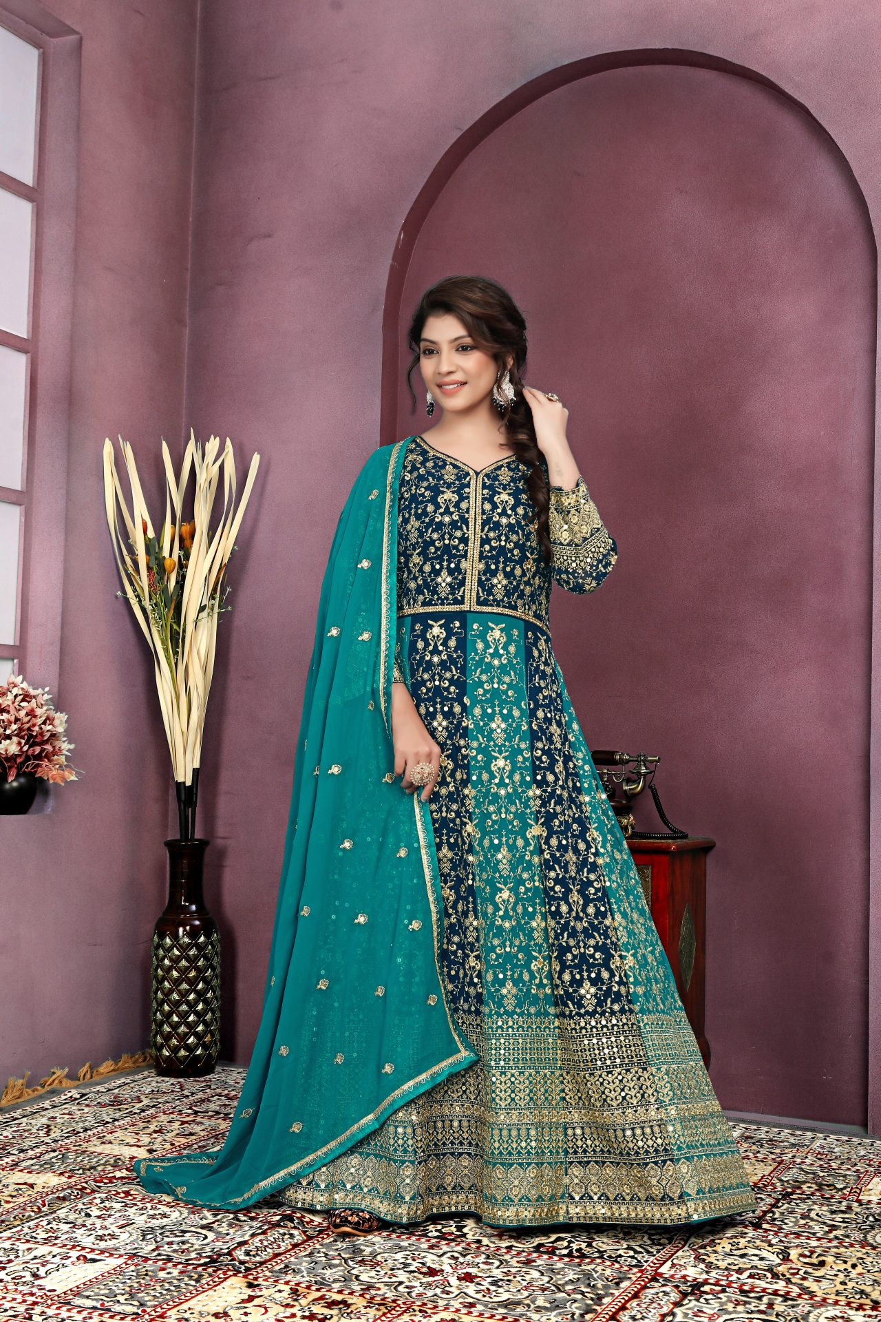 Blue Embroidered Georgette Anarkali Suits - Image 4