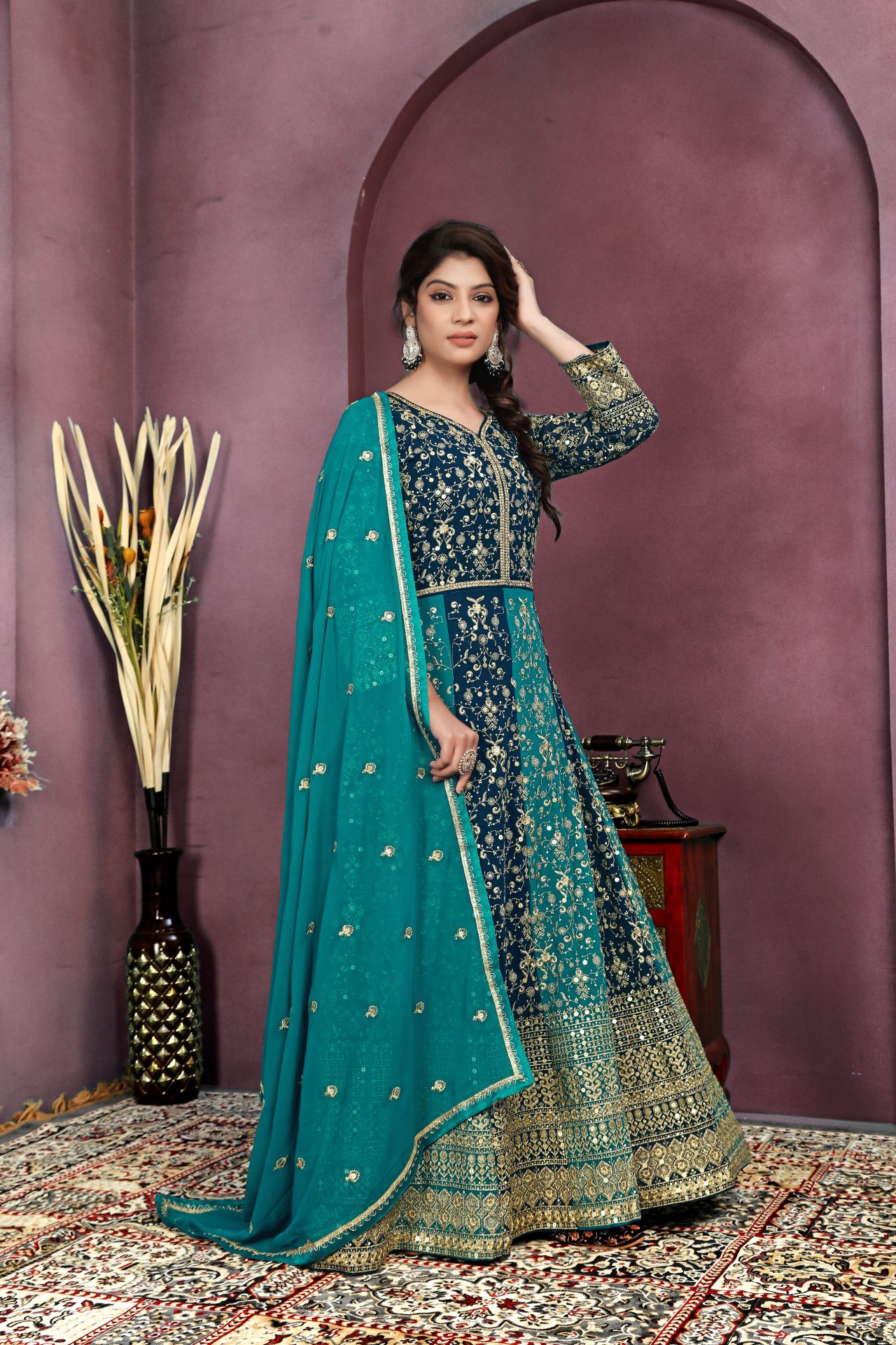 Blue Embroidered Georgette Anarkali Suits - Image 3