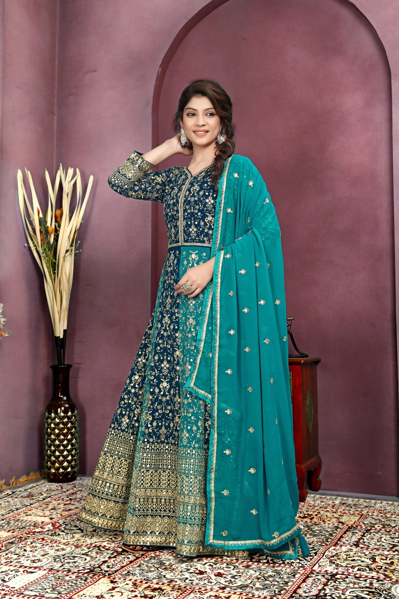 Blue Embroidered Georgette Anarkali Suits - Image 2