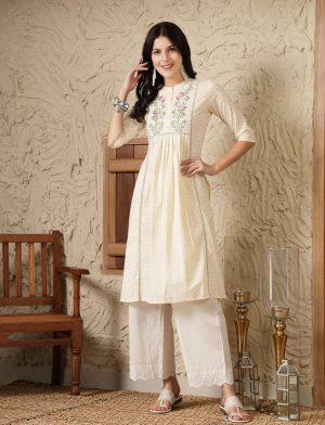 Cream  Embroidered Cotton A-Line Kurta