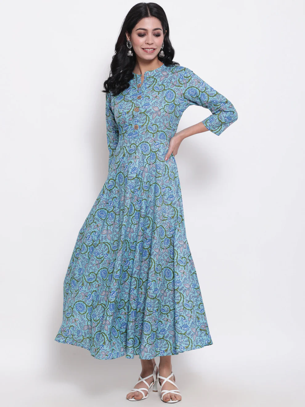 Blue Printed Mandarin Neck Flared Kurta - Image 6