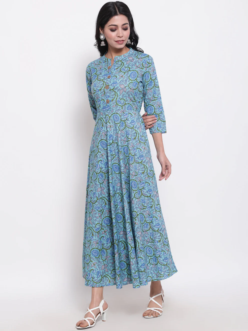Blue Printed Mandarin Neck Flared Kurta - Image 5