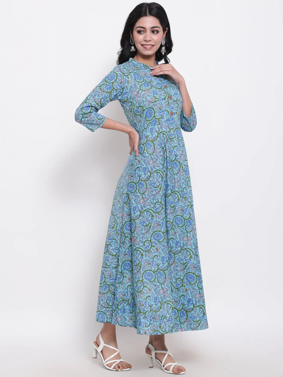 Blue Printed Mandarin Neck Flared Kurta - Image 4
