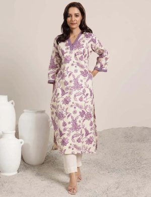 V Neck Embroidered Viscose Rayon Purple Kurta