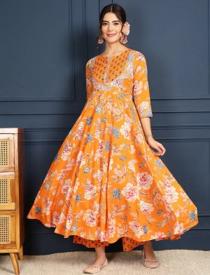 Cotton Calf Length Printed Flared  Round Neck Kurta Bottom Dupatta Set