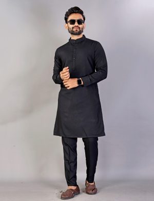 Ban Collar Black Cotton Kurta Pajama