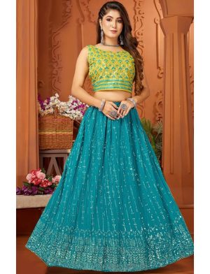 Teal Blue Heavy Embroidered Lehenga