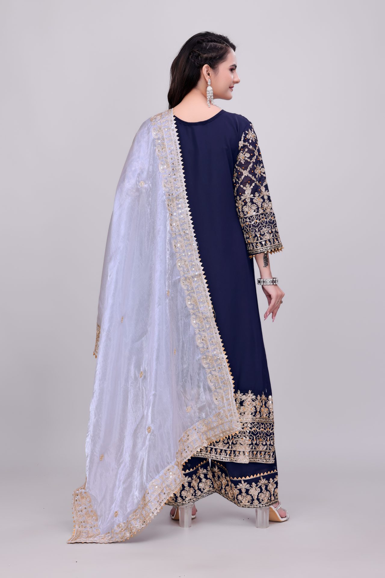 Blue Heavy Embroidered Palazzo Suit - Image 5
