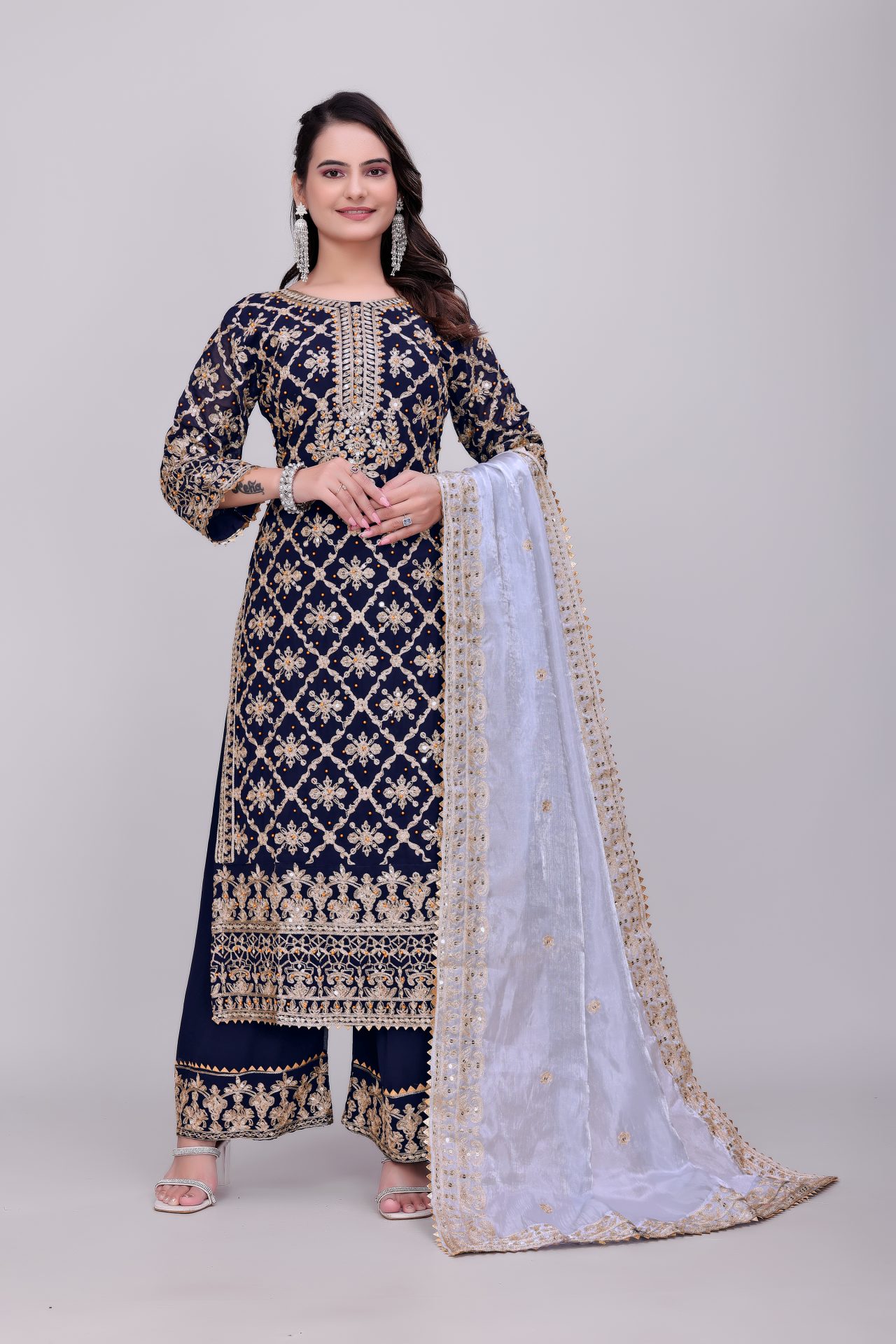 Blue Heavy Embroidered Palazzo Suit - Image 4