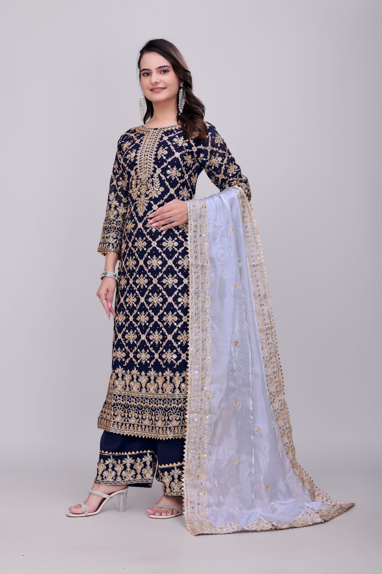 Blue Heavy Embroidered Palazzo Suit - Image 3