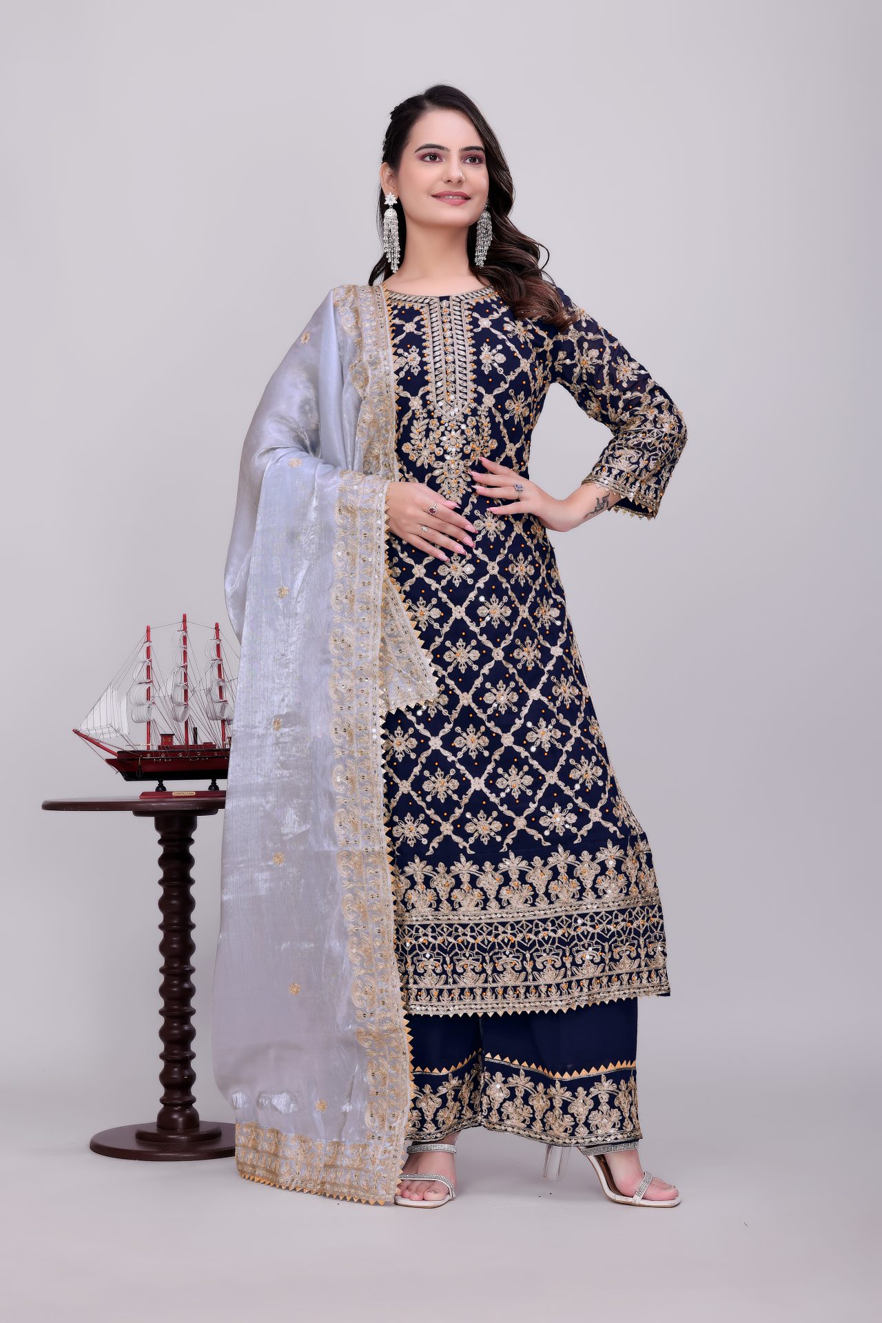 Blue Heavy Embroidered Palazzo Suit - Image 2
