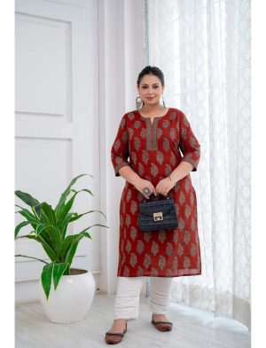 Maroon Printed Straight Kurta