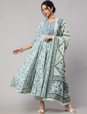 Floral Cotton printed Anarkali set with dupatta