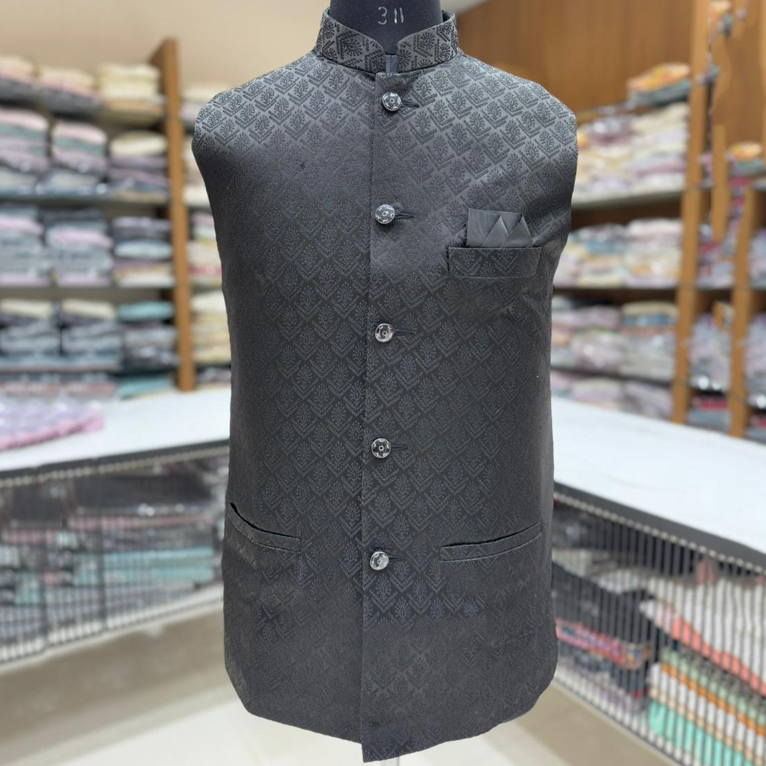 Black Jacquard Nehru Jacket Mens
