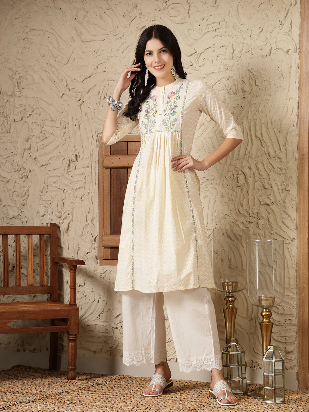Cream Embroidered Cotton A-Line Kurta - Image 2