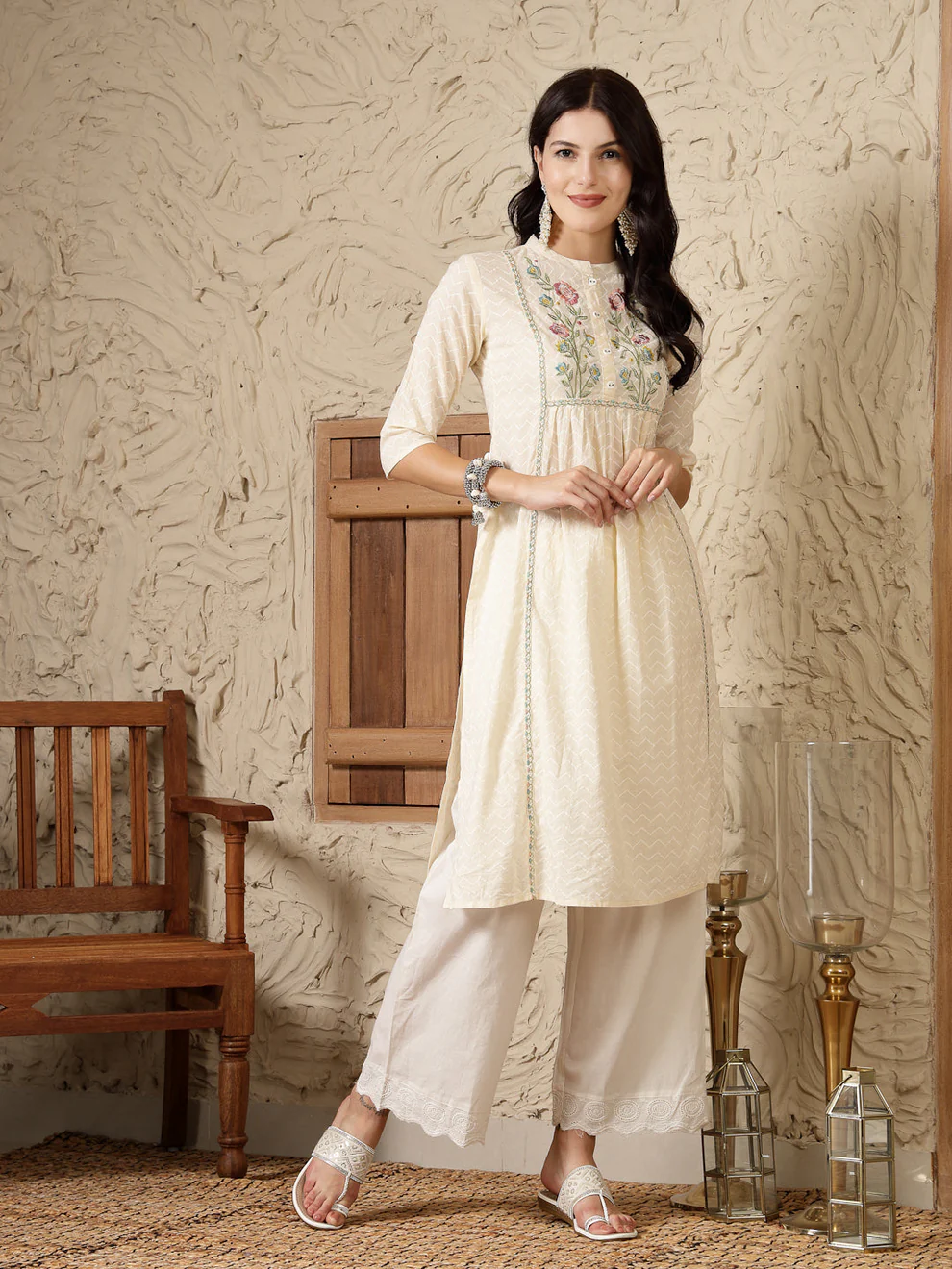 Cream Embroidered Cotton A-Line Kurta - Image 4