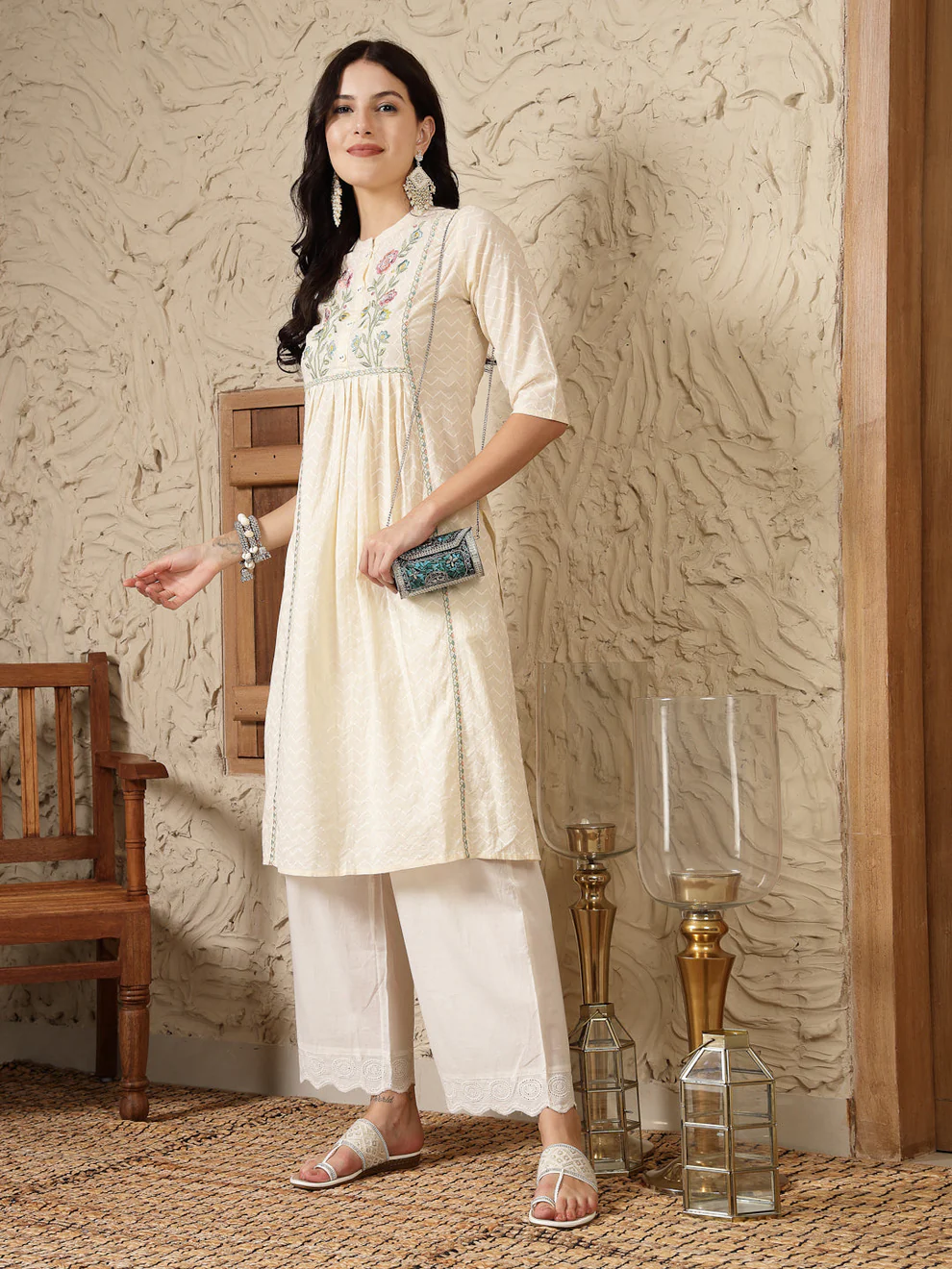 Cream Embroidered Cotton A-Line Kurta - Image 6