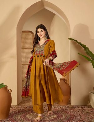 Rayon Mustard Printed Embroidered Suit