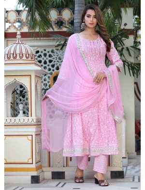 Pink Anarkali  Printed Embroiderd Suit