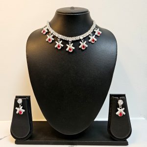 Silver Tone Maroon Necklace Set