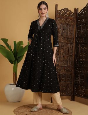 Black Anarkali Printed Kurti