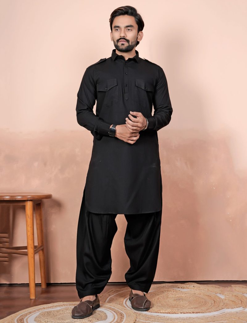 Rayon Black Pathani Kurta Pajama
