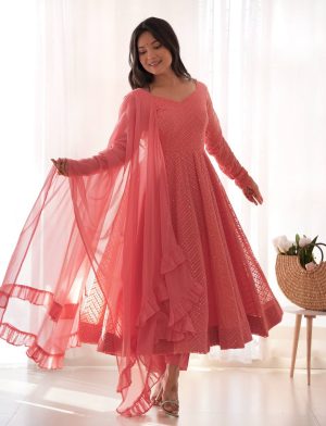 Georgette Lucknowi Three Piece Anarkali Suit