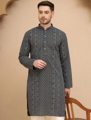 Grey Chikankari Embroidered Kurta