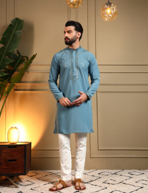 Mens Blue Embroidery Kurta Pajama