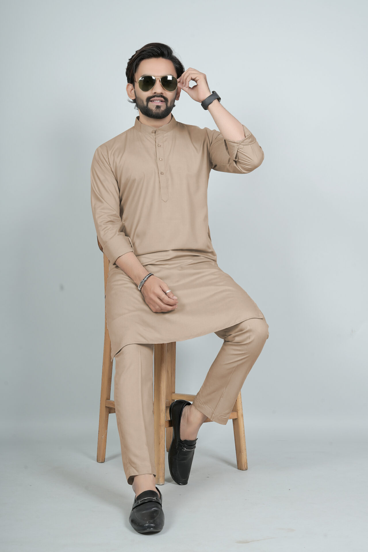 Beige Ban Collar Kurta Pajama - Image 3